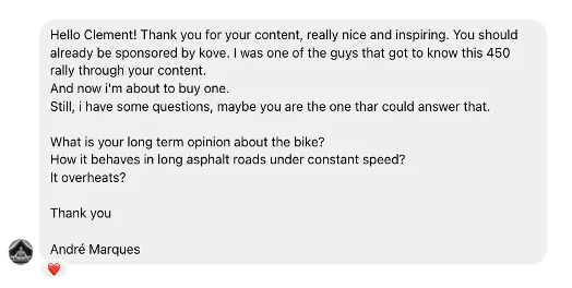 DM from follower about to buy a bike after watching the content