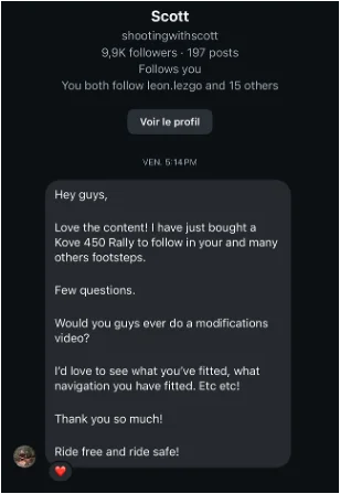 DM from follower who bought a bike because of the content